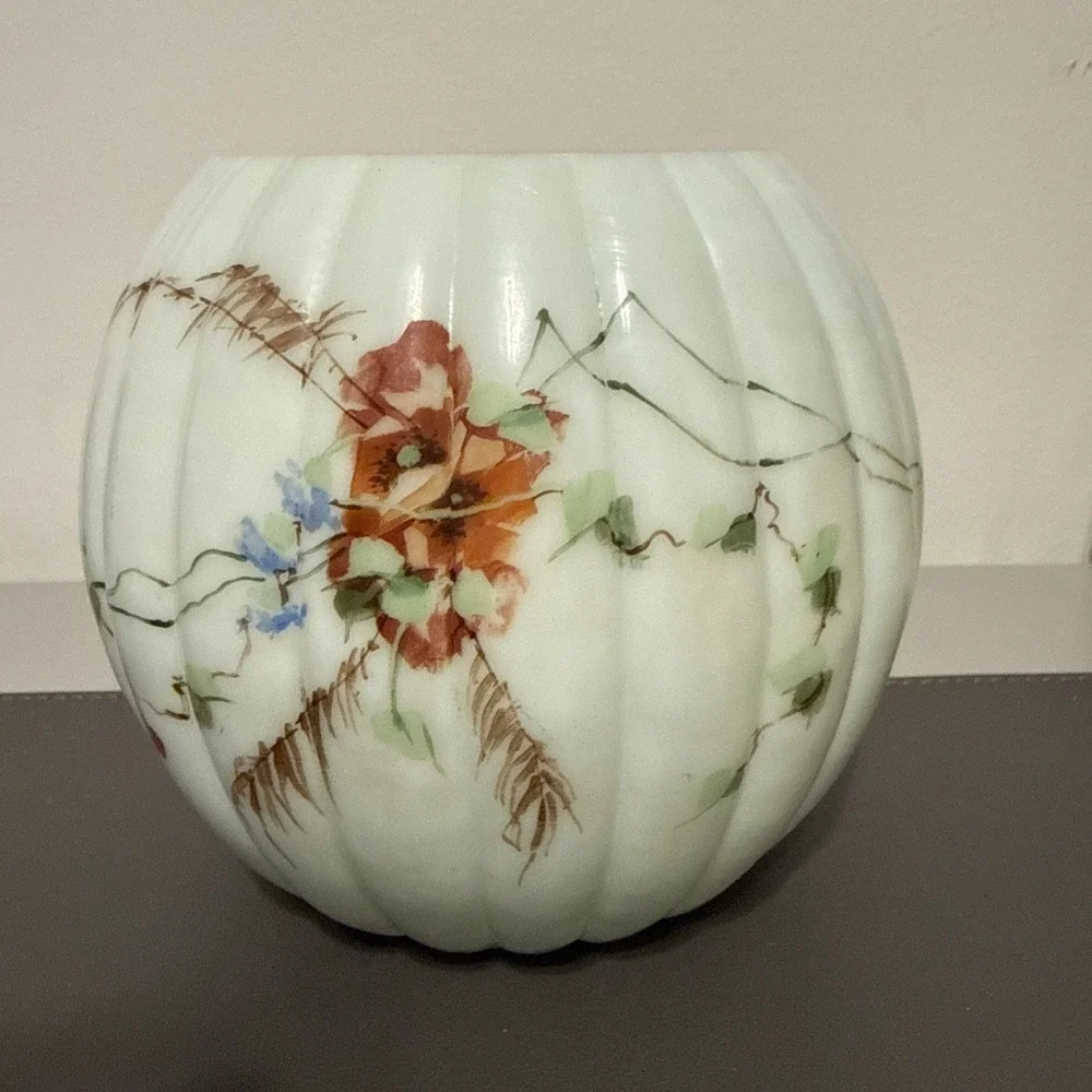Antique Large Rosebowl Vase Milk Glass Victorian Hand Painted Floral Ribbed 6
